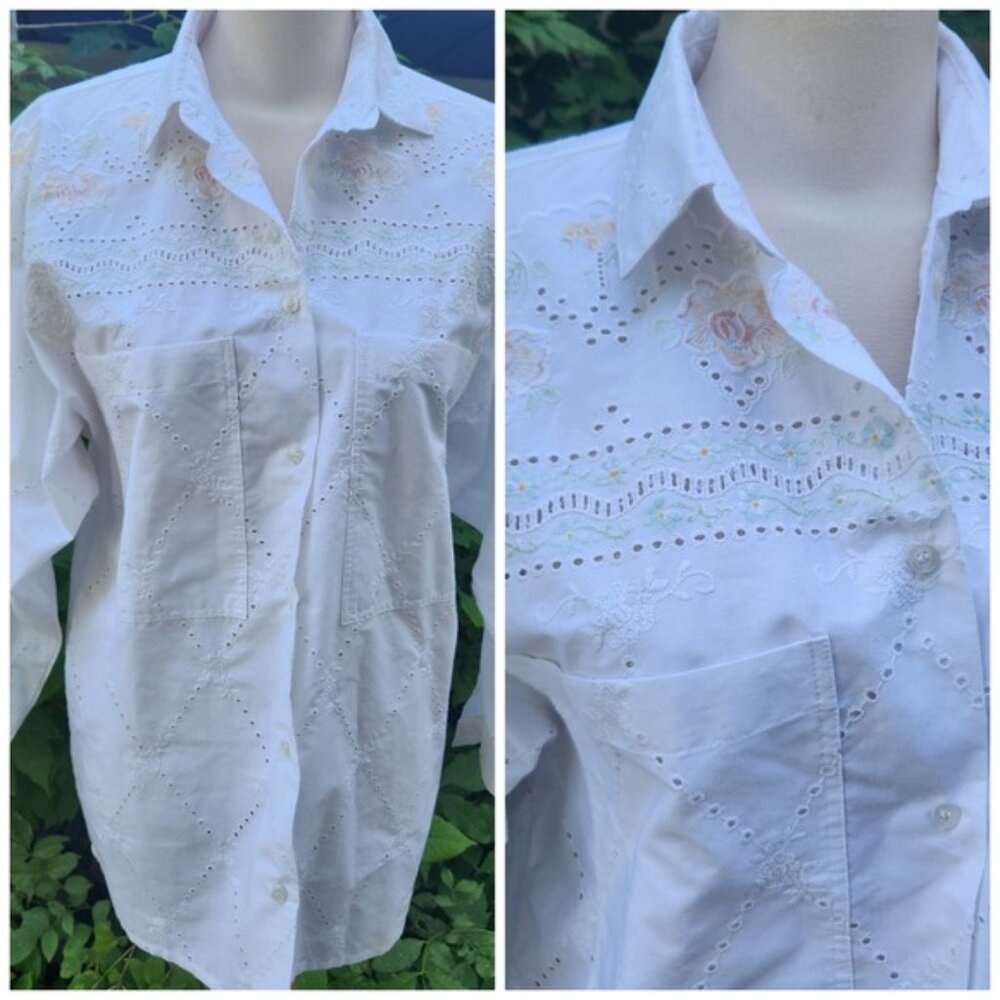 Embroidered Floral Eyelet‎ Shirt Top Long Sleeve Button Down Cottagecore coastal